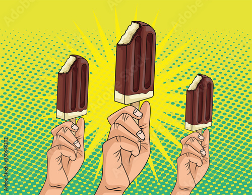 hands with delicious ice creams in sticks pop art style