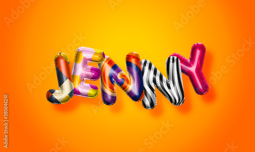 Jenny female name, colorful letter balloons background