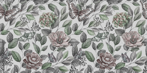 Floral seamless graphic pattern with vintage peonies  hydrangea  anemone  leaves and other flowers. Hand-drawn. Glamorous design. Good for production wallpapers  cloth and fabric printing. 