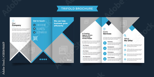 Corporate business trifold brochure template. Modern, Creative and Professional tri fold brochure vector design. Simple and minimalist promotion layout with blue and navy color.