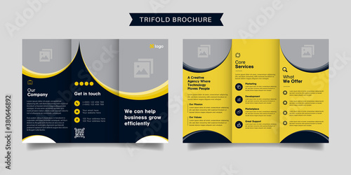Corporate business trifold brochure template. Modern, Creative and Professional tri fold brochure vector design. Simple and minimalist promotion layout with dark blue and orange color.