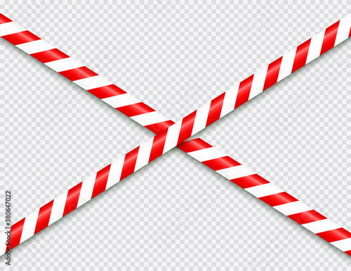 Realistic red barricade tape. Police warning line. Danger or hazard stripe. Under construction sign. Vector illustration.