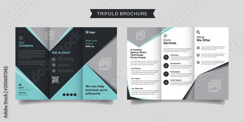 Corporate business trifold brochure template. Modern, Creative and Professional tri fold brochure vector design. Simple and minimalist promotion layout with black and blue color.
