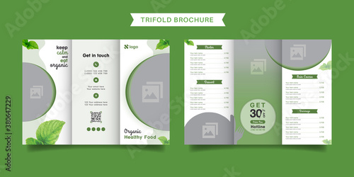 Organic food trifold brochure menu template. fast food menu brochure for restaurant with green color