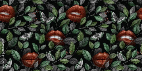 Abstract seamless graphic pattern with lips, butteflies, leaves and vintage flowers. Hand-drawn illustration. Glamorous design. Good for production wallpapers, cloth and fabric printing.  photo