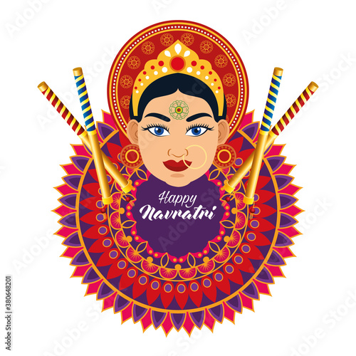 happy navratri celebration card with beautiful goddess and mandala