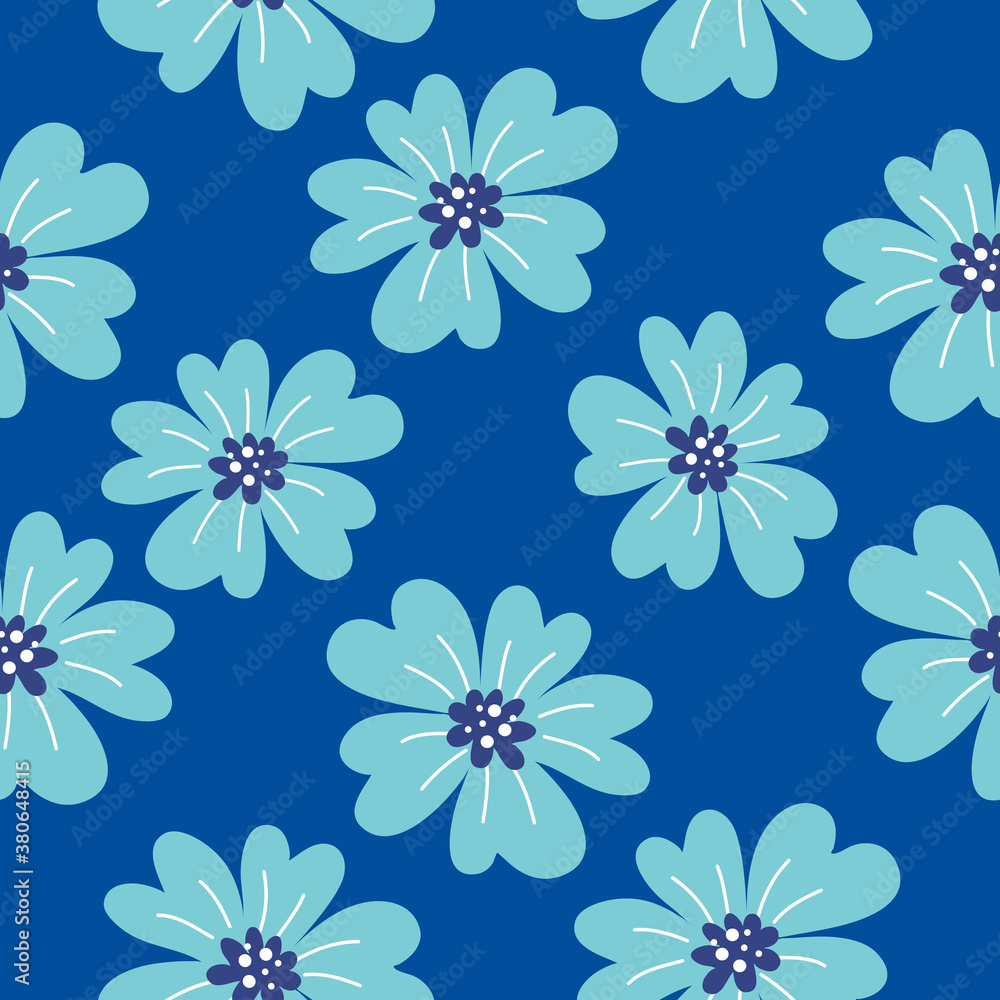 Vector beautiful seamless pattern with simple daisy blue color flower on dark background.
