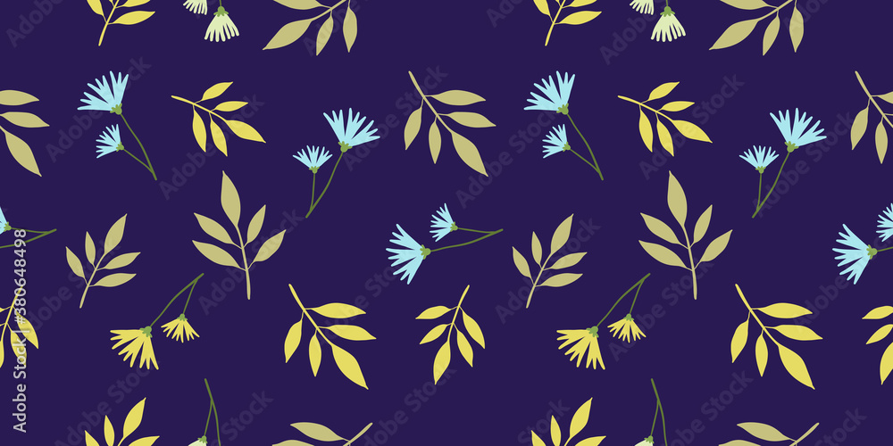 Vector floral seamless pattern with beautiful twig of plant with green color leaf and cornflower on dark background.