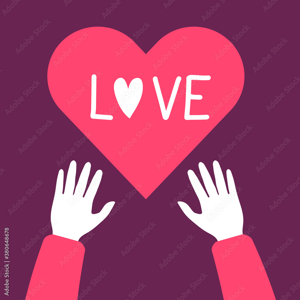 Obraz premium Vector illustration of two hand and red shape heart with word love on dark background.