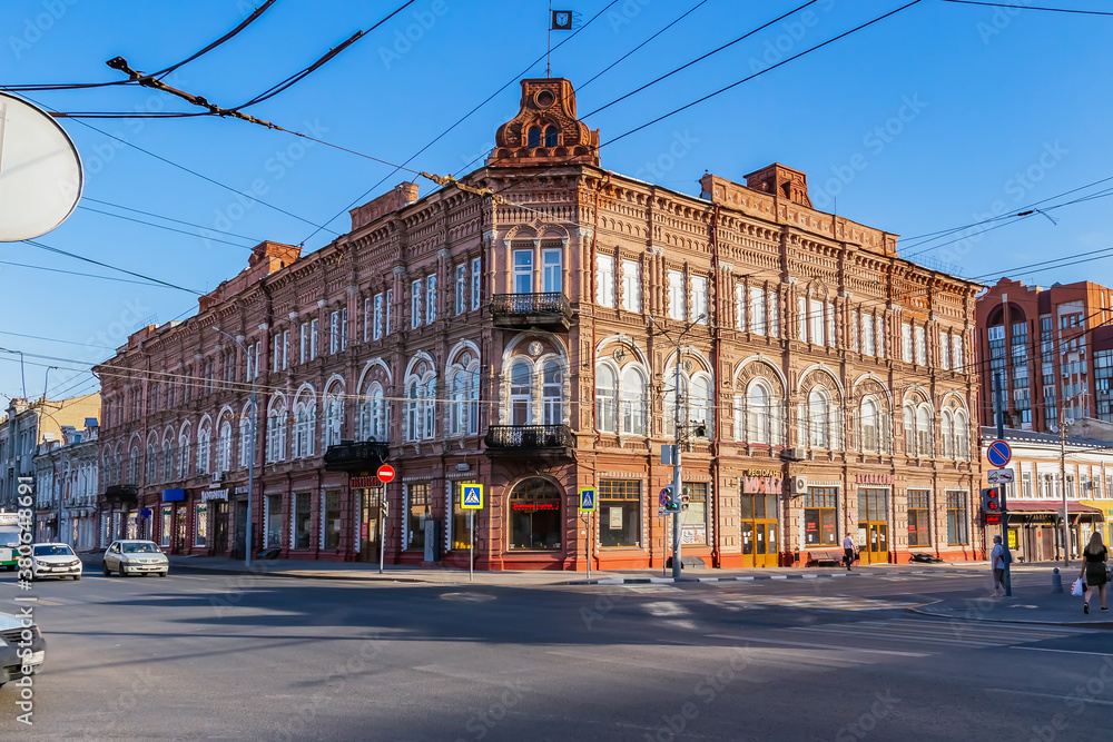 Saratov, Russia - 07/06/2019: Architectural monument attraction restaurant, cafe, hotel Moscow, facade of an old historic beautiful mansion in ropetov style in the city center on Moskovskaya street