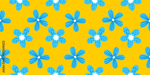 Vector simple horizontal seamless pattern with beautiful blue chamomile flower on yellow color background.