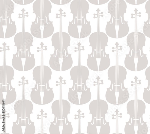Violins, seamless pattern, white. Grey violins on a white field. Single-color, flat decor. Vector.  