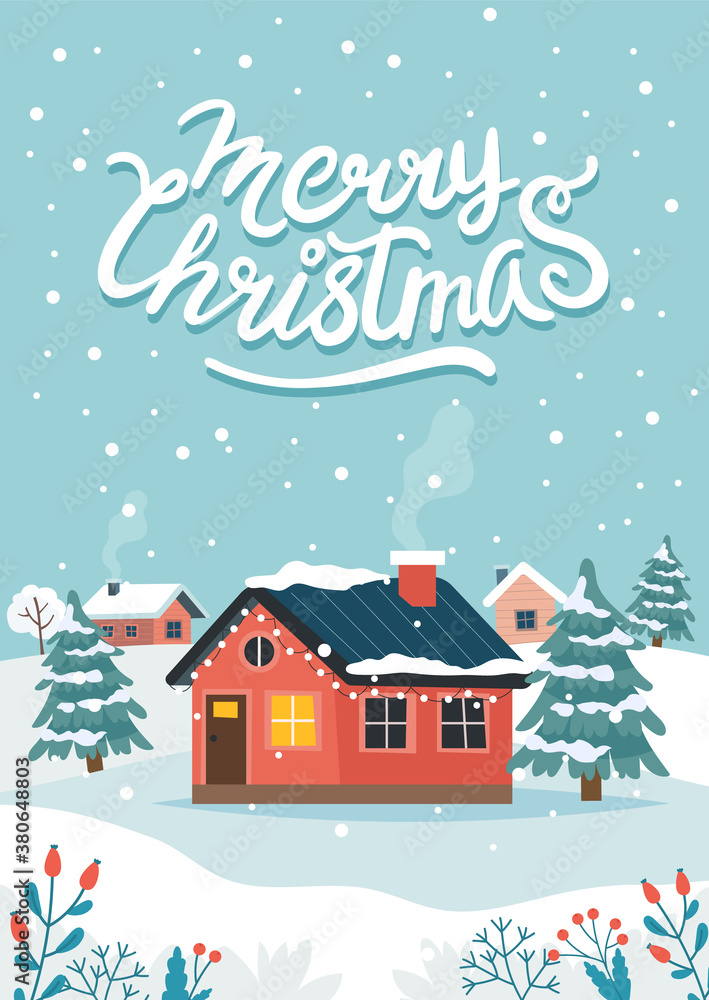 Christmas greeting card with cute house and lettering