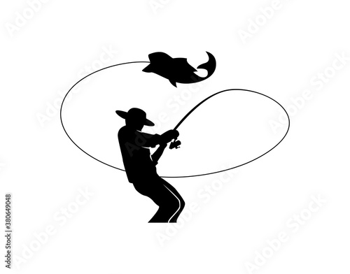 fisherman and fishing logo design. silhouette of a man with his fishing rod pulling the fish.