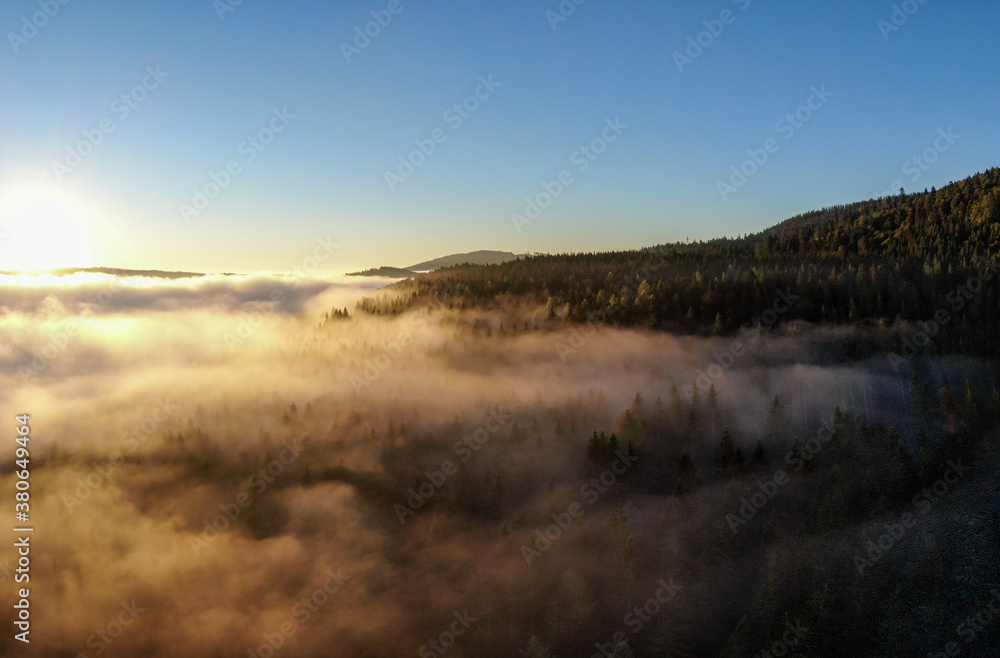 Aerial photography of the rising sun above Lake Schluchsee, Black Forest
