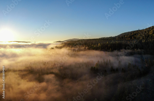 Aerial photography of the rising sun above Lake Schluchsee, Black Forest © S.Hoss