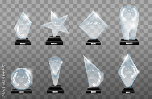 Winner glass trophy. Glass Trophy Award. First place award. Glass awarding trophy, championship win glossy cup. Realistic isolated vector signs set