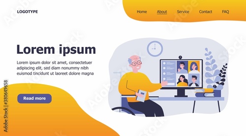 Family meeting online. Senior man having conference chat with children and grandchildren flat vector illustration. Distance, risk, lockdown concept for banner, website design or landing web page