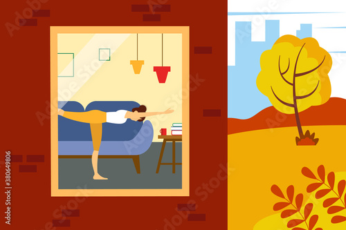 Woman doing exercises at home. Illustration of half a house and a street. Vector illustration in flat style.