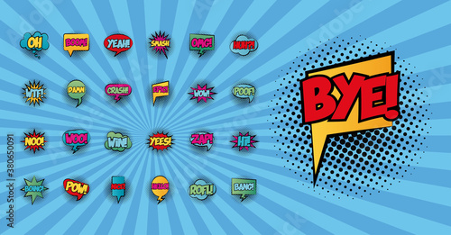 bundle of speech bubbles with bye word and words pop art fill style