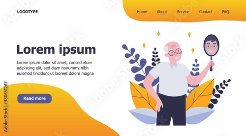 Smiling man looking at himself in mirror. Granddad imagining himself as young guy flat vector illustration. Narcissism and reflection concept for banner, website design or landing web page