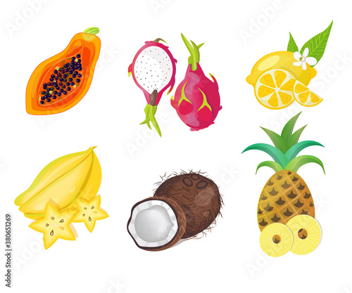 Set of tropical whole and halved fruit. Vector clipart.