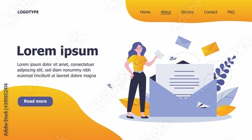 Woman holding business message in envelope flat vector illustration. Cartoon female office employee working with mail. Communication and contact concept