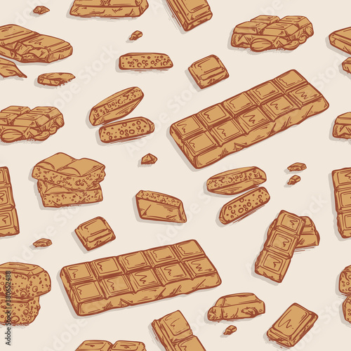 Chocolate bar sketch hand-drawn design. Milk dessert tasty sweets seamless pattern, cacao repeat snack drawing in brown color