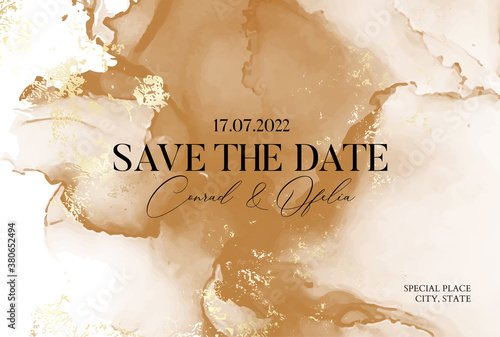 Alcohol ink neutral marble abstract watercolor save the date card design. Painting ink background. Fluid resin pattern. Perfect for headline, brochure, decoration, invitation. Vector