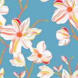 Magnolia blue vector seamless pattern. Repetition floral print, plant design. Perfect for wrapping paper, backgrounds, headers, banners, cloth , fabrics, digital paper