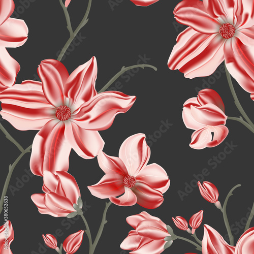 Magnolia vector seamless pattern. Repetition floral print  plant design. Perfect for wrapping paper  backgrounds  headers  banners  cloth   fabrics  digital paper  red rose art