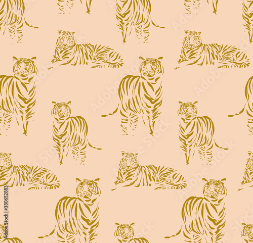 Tigers outline pattern  hand-drawn doodle animal print. repetiotion texture. Vector