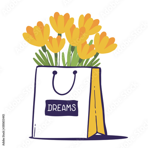 Vector floral illustration of shopping bag with yellow flowers