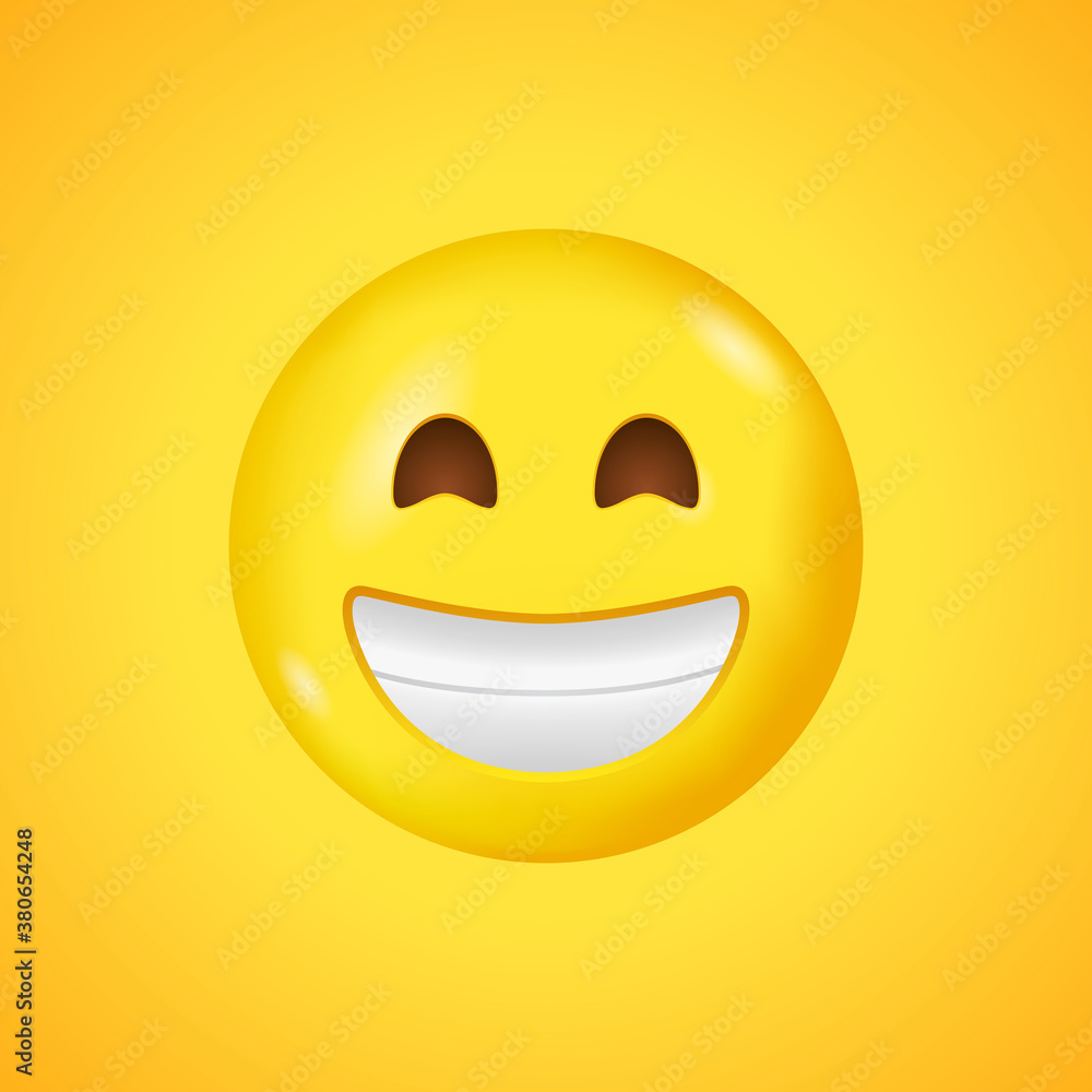 Fototapeta premium Beaming face emoji with smiling eyes and mouth. Big smile in 3D. Vector illustration.