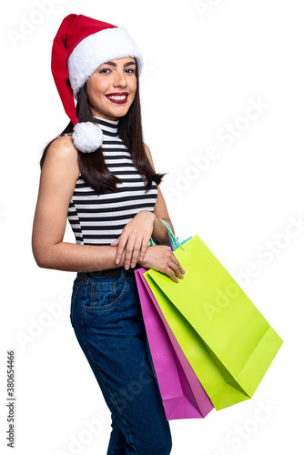 Santa Claus woman holding shopping bags, isolated on white background