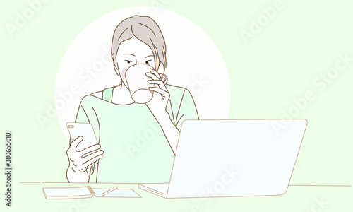 Freelance woman working at home, business female working on laptop and using mobile phone drinking coffee sitting on table, Lifestyle women working at home concept, Simple flat illustration