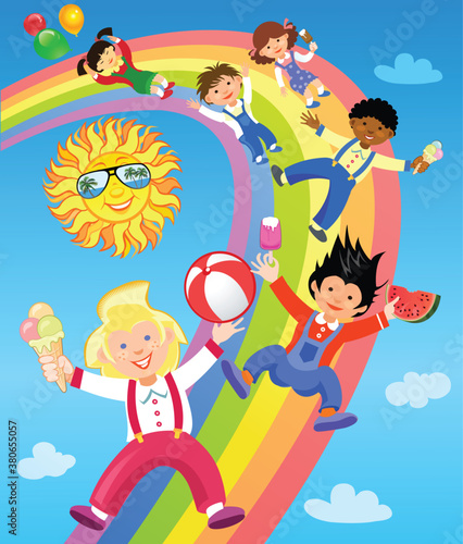 Children ride on the rainbow with ice cream