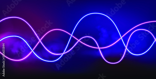 Neon wave. Led soundwave. Glowing lamp line. Glow curve background. Colored luminous lines in smoke. Digital banner. Vector illustration.