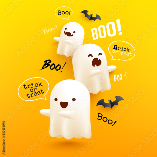 Halloween flying  ghosts poster and banner template with Scary white ghosts on yellow background. Cute cartoon spooky character. Website spooky,Background or banner Halloween template