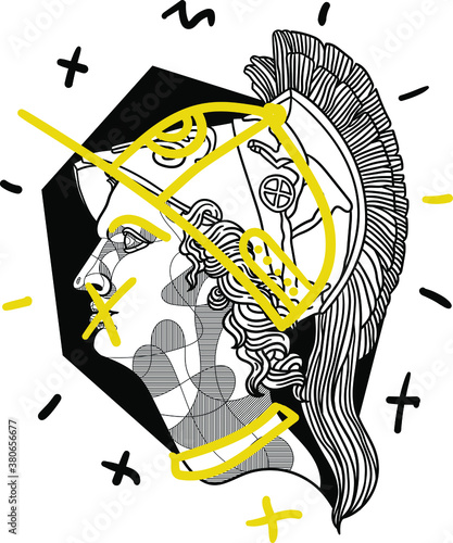 Creative geometric yellow style. Palas Athena sculpture. 