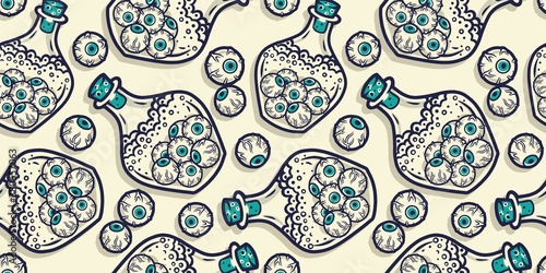 Colored seamless pattern with bottle and horrible eyeball for halloween holiday design. October party banner, poster or postcard