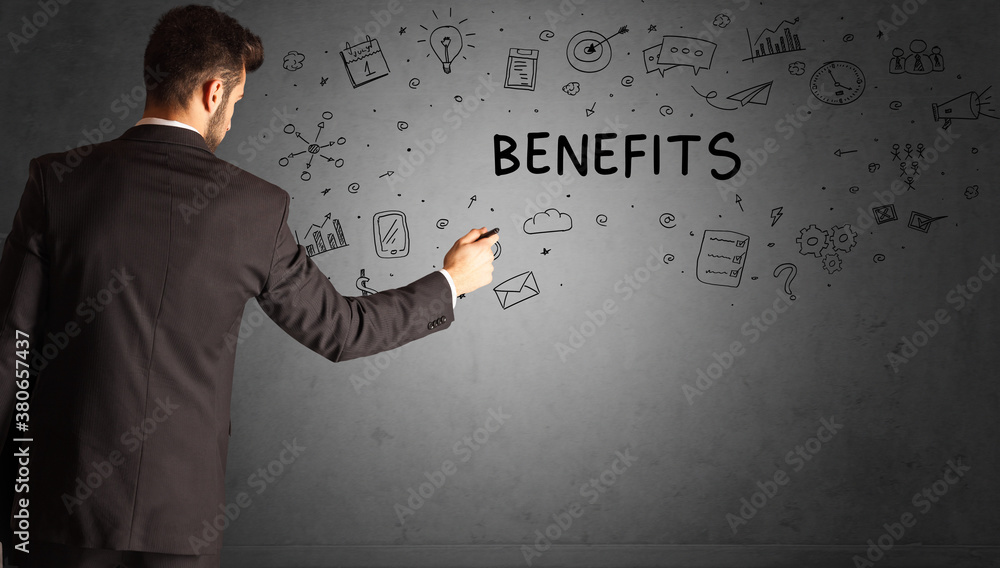 businessman drawing a creative idea sketch with BENEFITS inscription, business strategy concept businessman drawing a creative idea sketch with BENEFITS inscription, business strategy concept