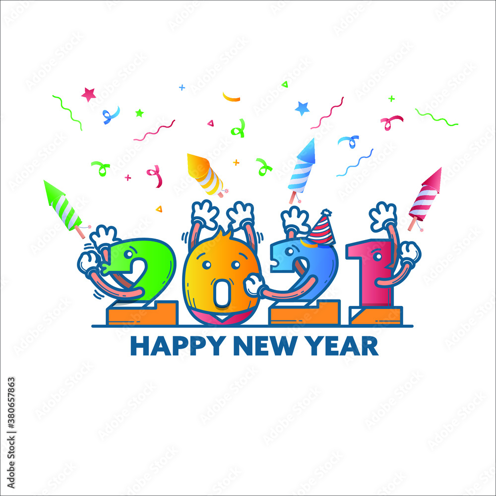 Fototapeta premium Happy New Year 2021 text logo Design Cover for business diary for 2021. Brochure, card, banner design template. Isolated against a white background. Vector illustration.