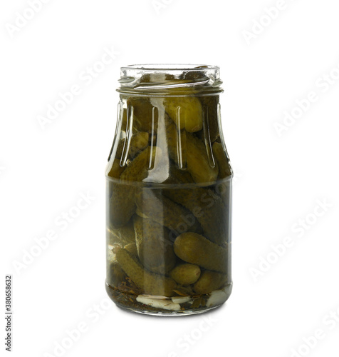 Jar of pickled cucumbers isolated on white