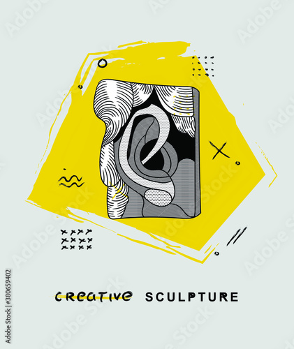 Creative geometric yellow style. Plaster fragment of the head and face of David.