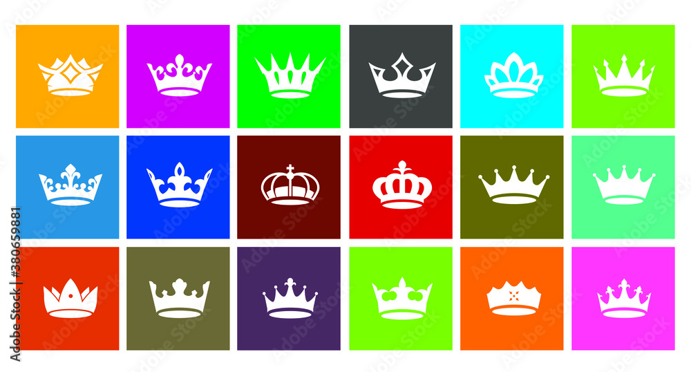Set vector king crowns icon on colour backgrounds. Vector Illustration. Emblem, icon and Royal symbols. Set vector king crowns icon on colour backgrounds. Vector Illustration. Emblem, icon and Royal symbols.
