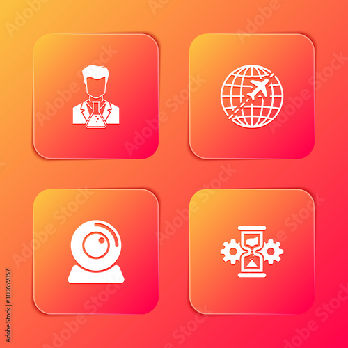 Set Scientist and test tube, Globe with flying plane, Web camera and Hourglass gear icon. Vector.