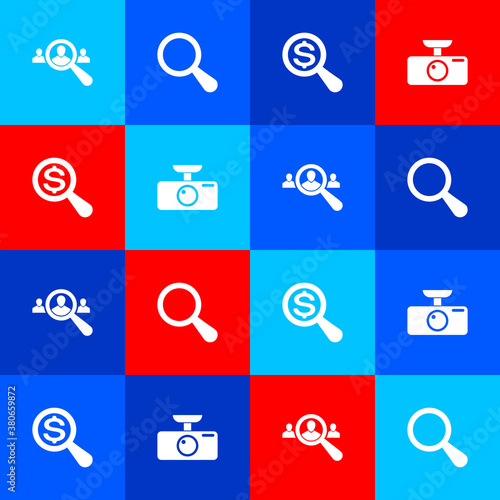 Set Magnifying glass for search people, , and dollar and Car DVR icon. Vector.