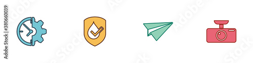 Set Clock and gear, Waterproof, Paper plane and Car DVR icon. Vector.