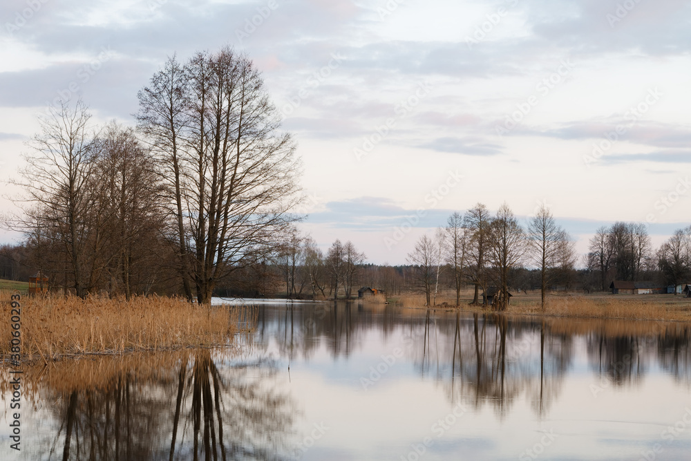 landscape with a small wild river, river banks covered with dry, old grass and fallen trees, early spring landscape with a small wild river, river banks covered with dry, old grass and fallen trees, early spring